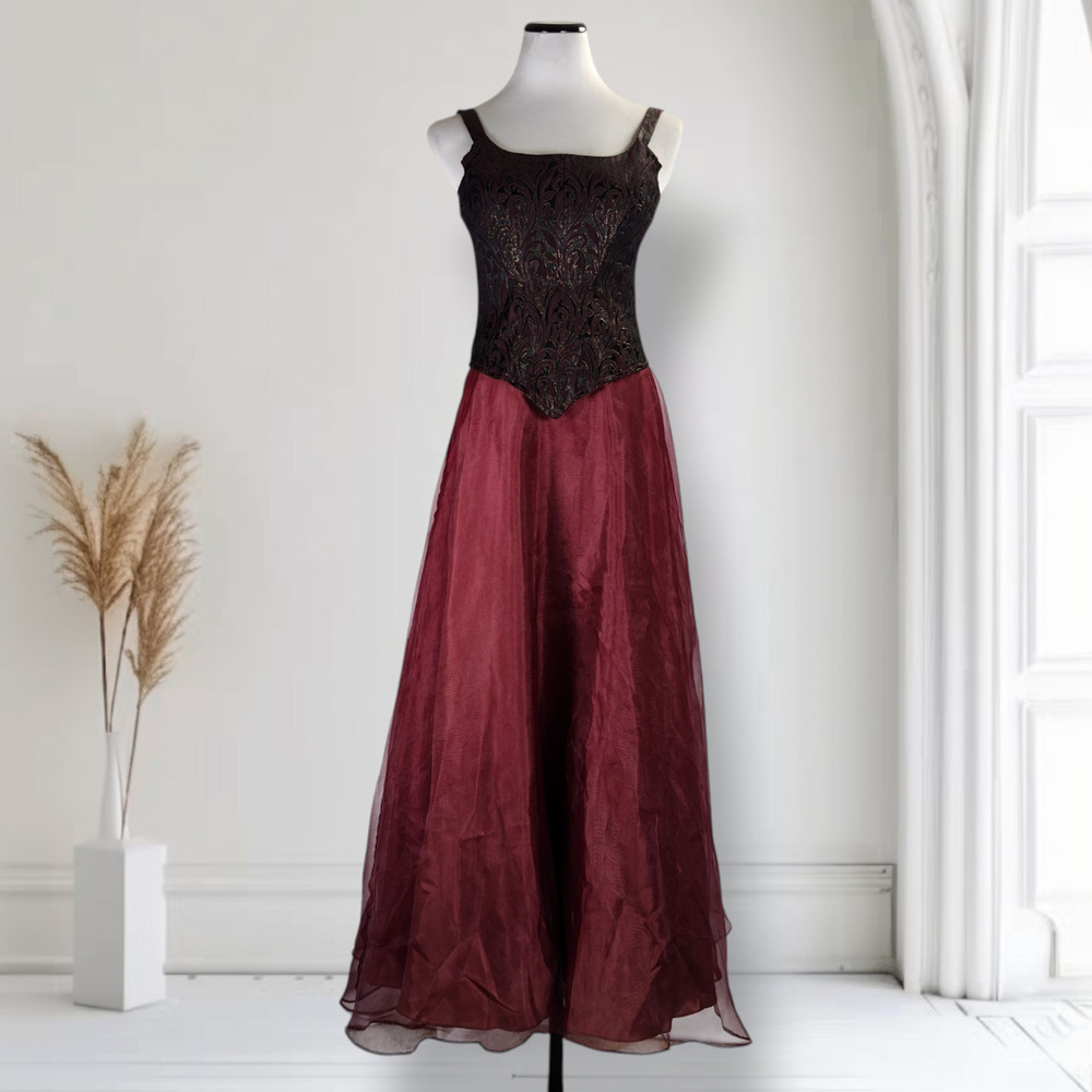 Vintage 90s Night Scene Gothic Corset Gown Size 8 Burgundy Brocade Formal Dress